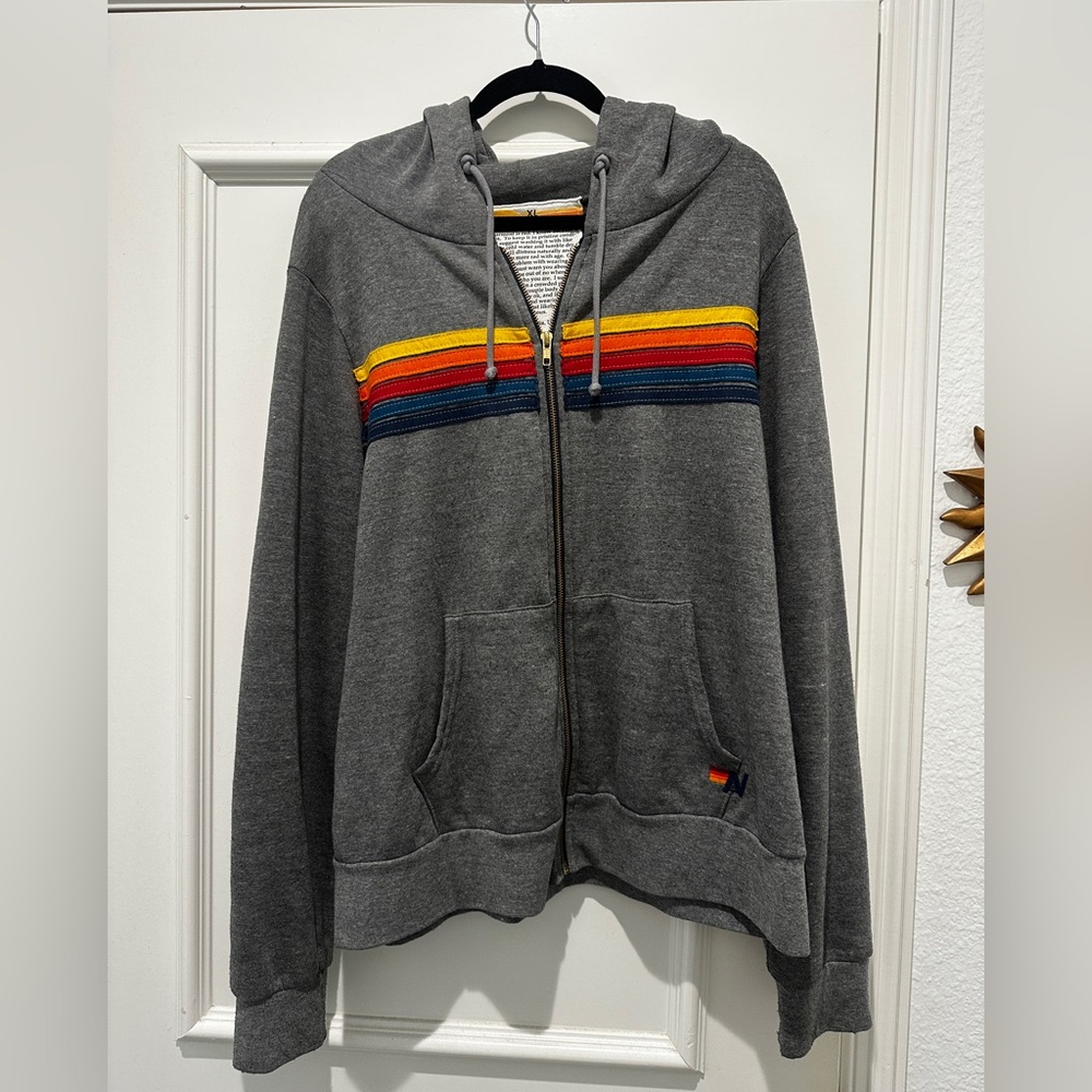Aviator Nation Gray Hoodie with Rainbow Stripes